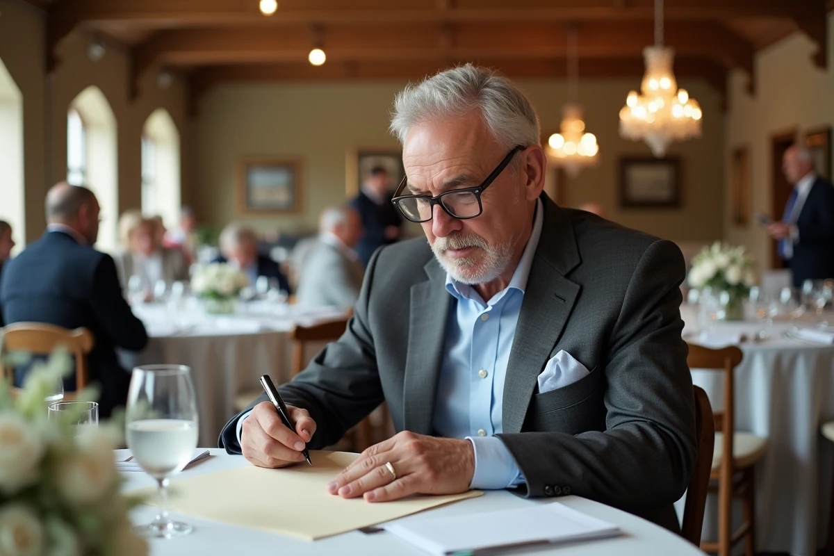 Père du marié révisant ses notes de discours avant la cérémonie de mariage civil