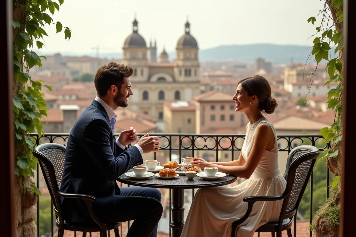 Couple en petit déjeuner romantique sur balcon européen