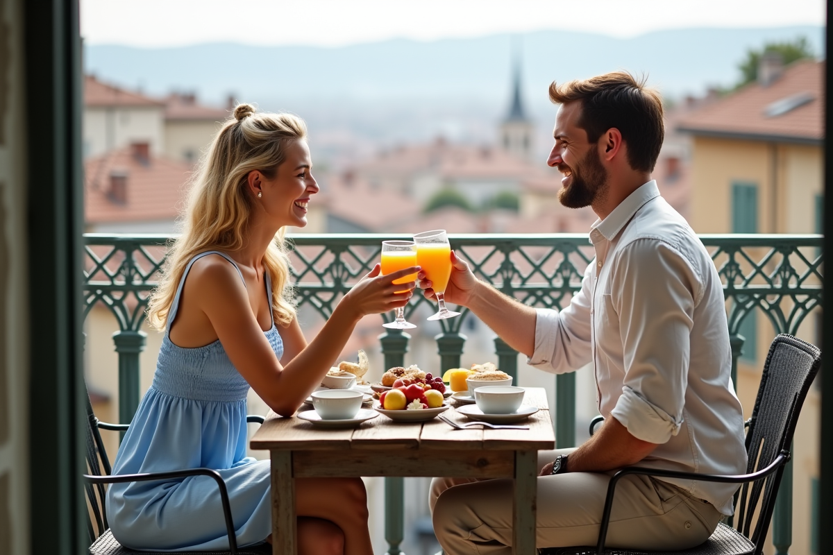 Jeunes mariés prennent le petit déjeuner sur un balcon en ville