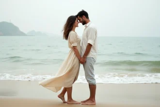 Couple marié depuis 2 mois se tenant la main et riant pieds nus sur une plage au bord de la mer, portrait de couple naturel et romantique