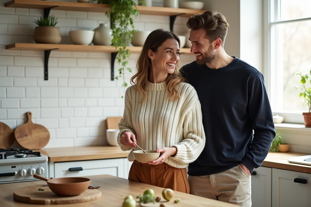 Couple dans leur cuisine préparant un repas ensemble, ambiance intime et naturelle pour illustrer la vie à deux après 2 mois de mariage