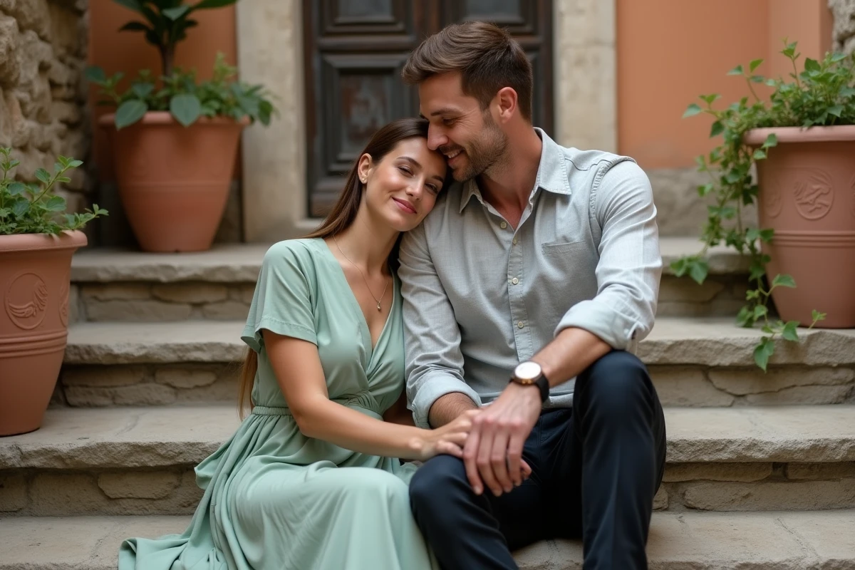 Couple assis sur des marches en pierre d'une cour intérieure européenne, portrait romantique et naturel pour commémorer 2 mois de mariage