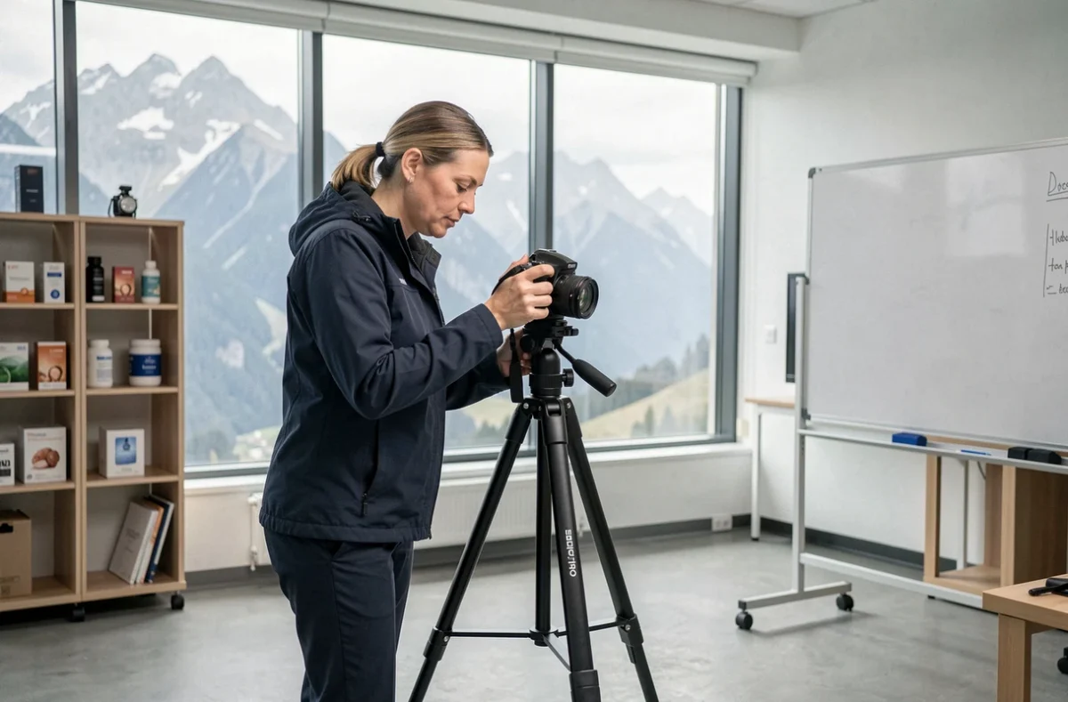 Photographe commerciale installant son matériel pour une session professionnelle en entreprise à Cluses