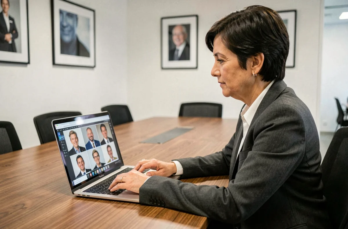 Photographe d'entreprise féminine révisant des portraits professionnels sur un ordinateur portable dans une salle de réunion corporate