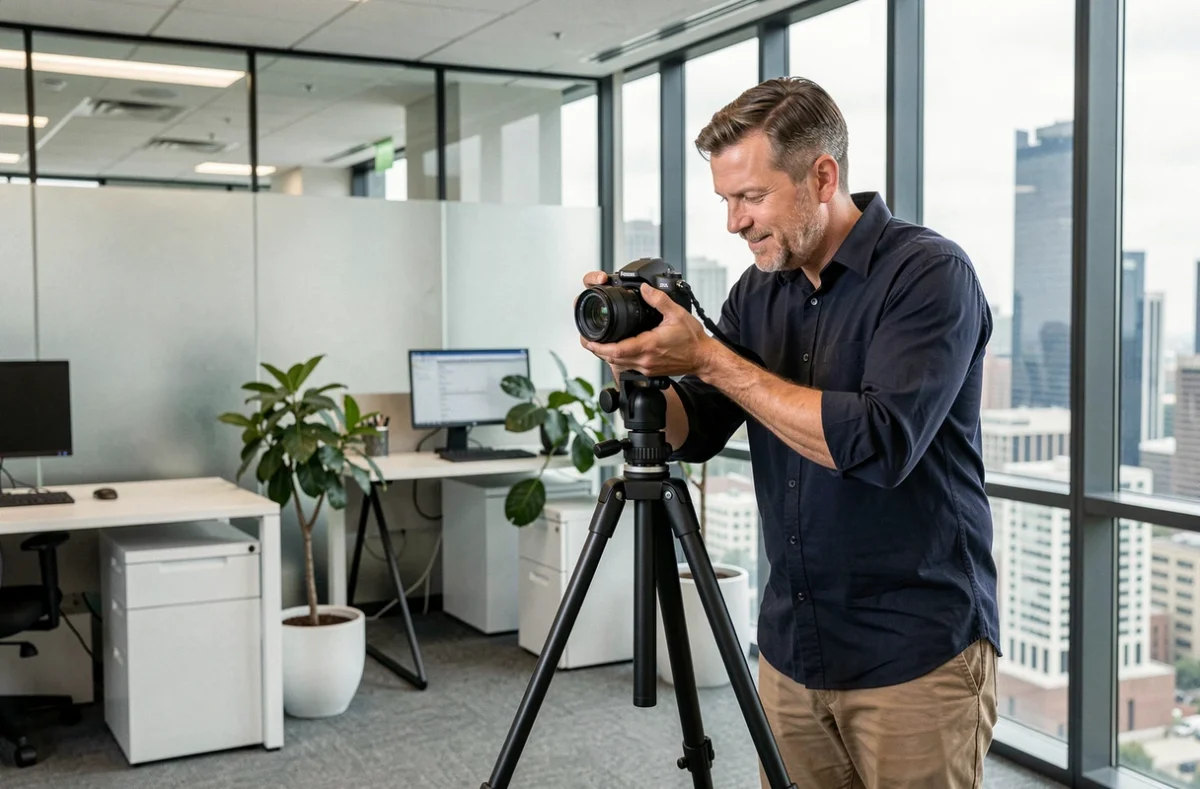 Photographe professionnel ajustant son appareil photo en entreprise lors d'une séance photo commerciale en milieu de bureau moderne