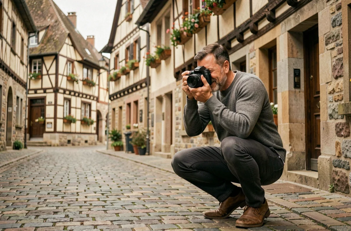 Photographe en extérieur dans un village alsacien préparant une séance photo de portrait