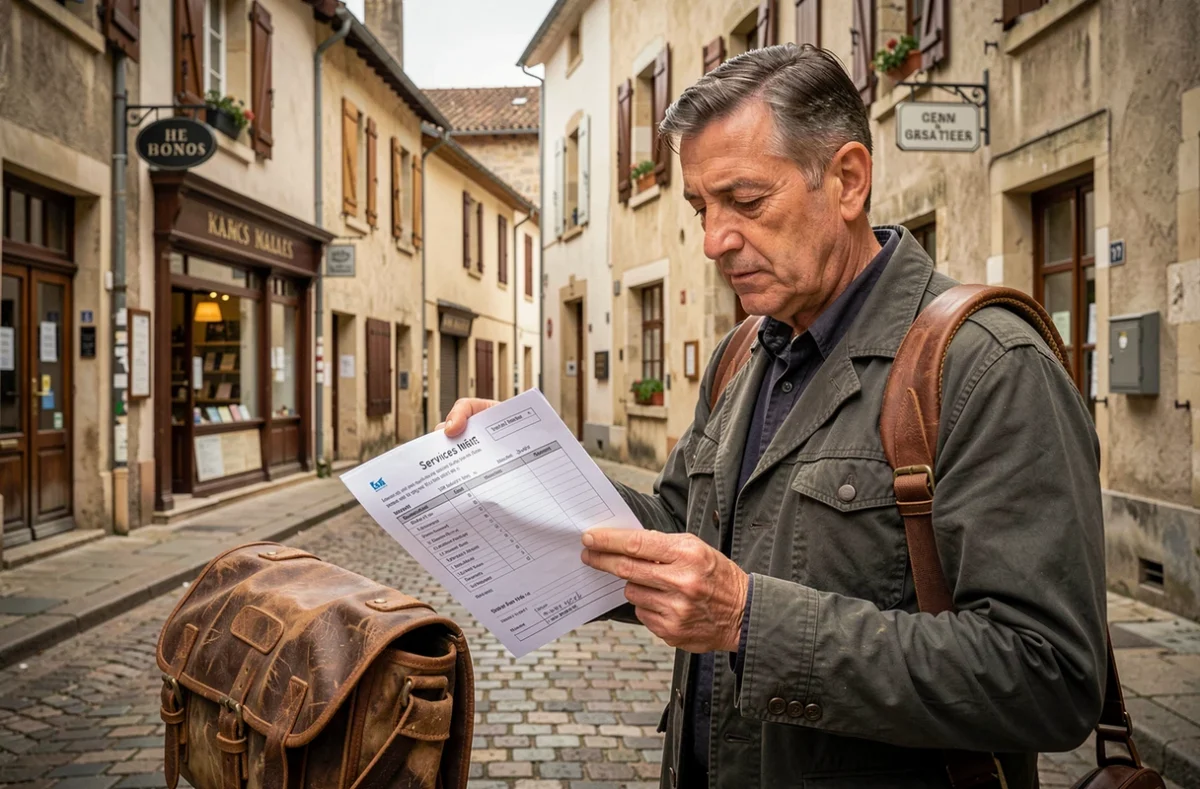Photographe indépendant vérifiant ses tarifs et devis dans une rue du centre-ville de La Tour-du-Pin