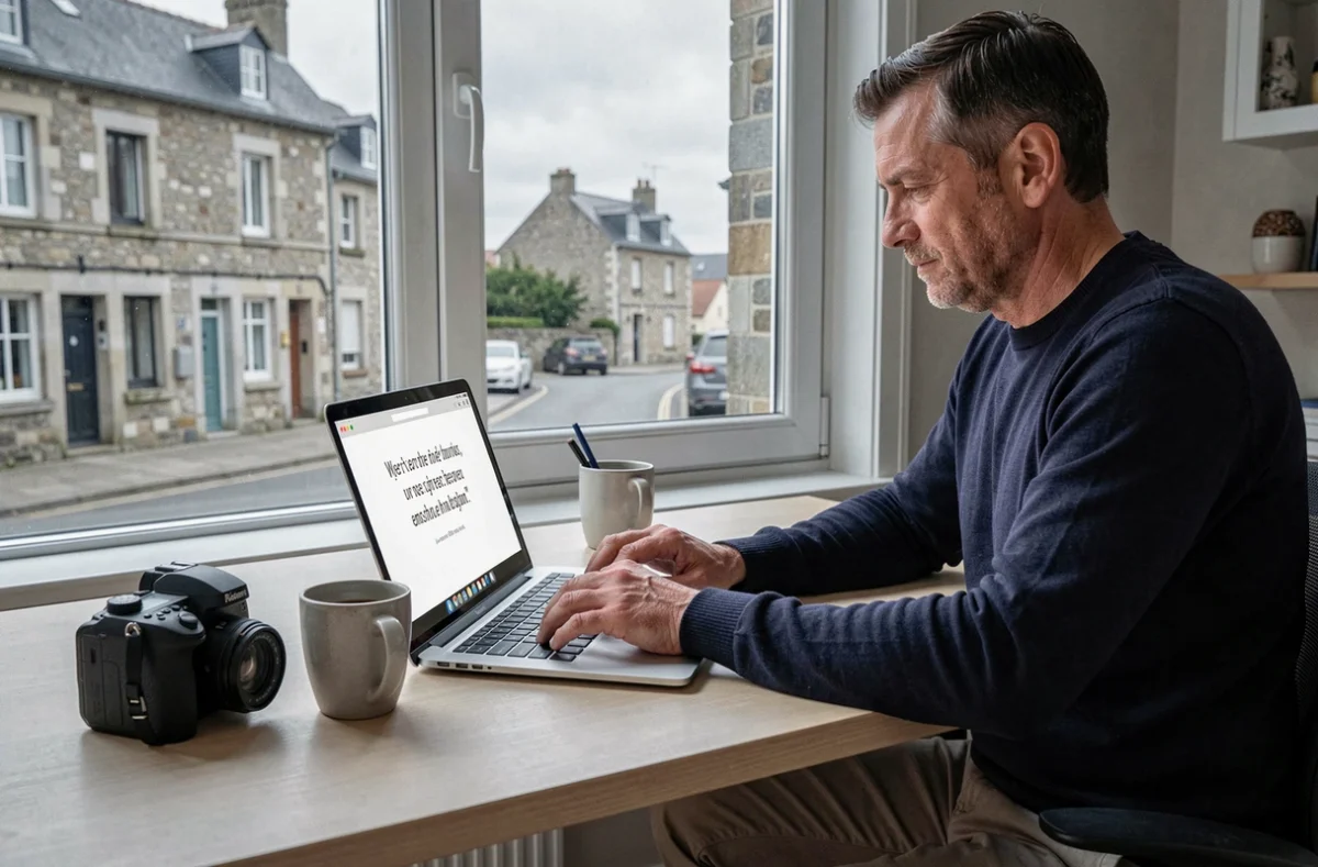Photographe indépendant à Guingamp rédigeant un devis photo sur ordinateur portable dans un bureau à domicile