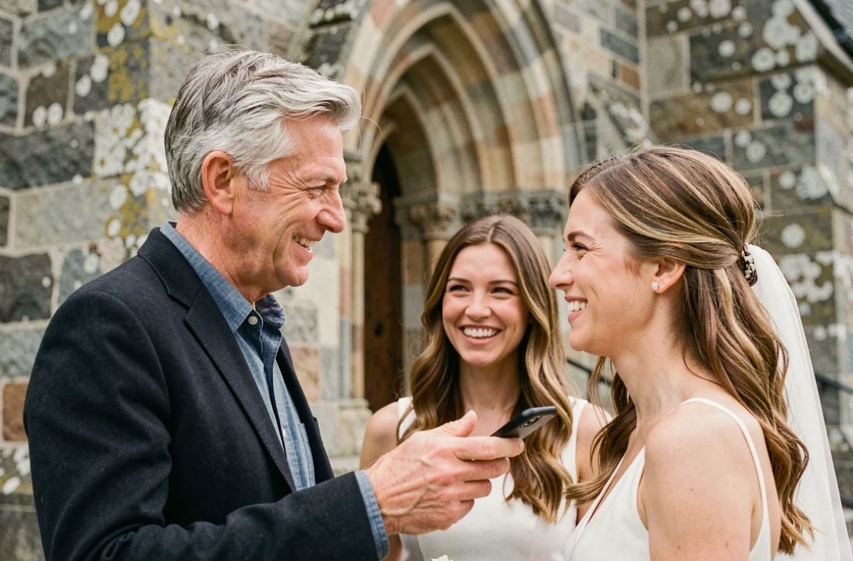 Photographe de mariage en discussion avec les mariés devant une église en pierre à Cluses