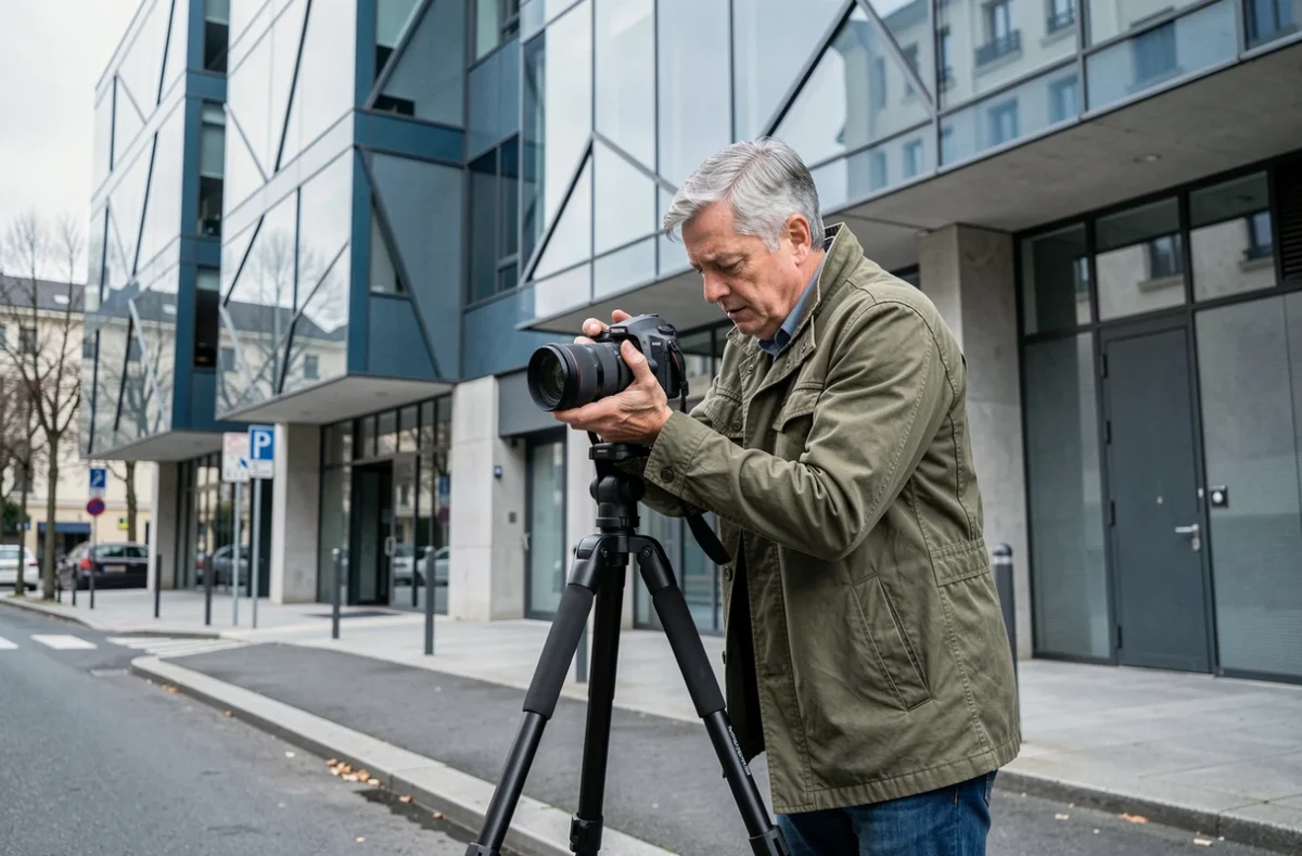 Photographe masculin installant son trépied devant une architecture moderne à Asnières-sur-Seine