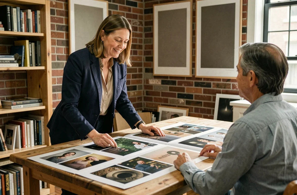 Photographe professionnelle présentant son portfolio imprimé à un client dans un studio créatif avec des murs en brique