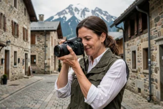 Photographe professionnelle en train de réviser ses clichés dans une rue de Cluses avec les Alpes en arrière-plan