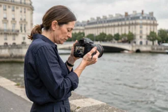 Photographe professionnelle consultant ses photos sur les quais d'Asnières-sur-Seine