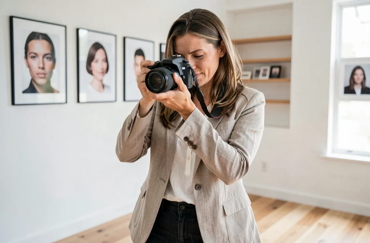 Photographe professionnelle qui examine ses photos dans un studio moderne à Wittenheim