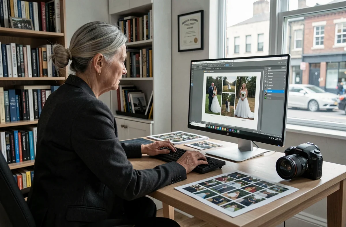 Photographe expérimentée retouchant une galerie de mariage sur écran calibré dans son bureau professionnel à domicile