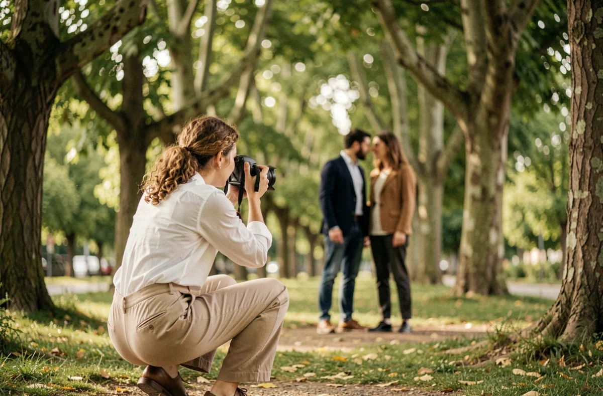 Photographe réalisant une séance de portrait en couple dans un parc d'Asnières-sur-Seine
