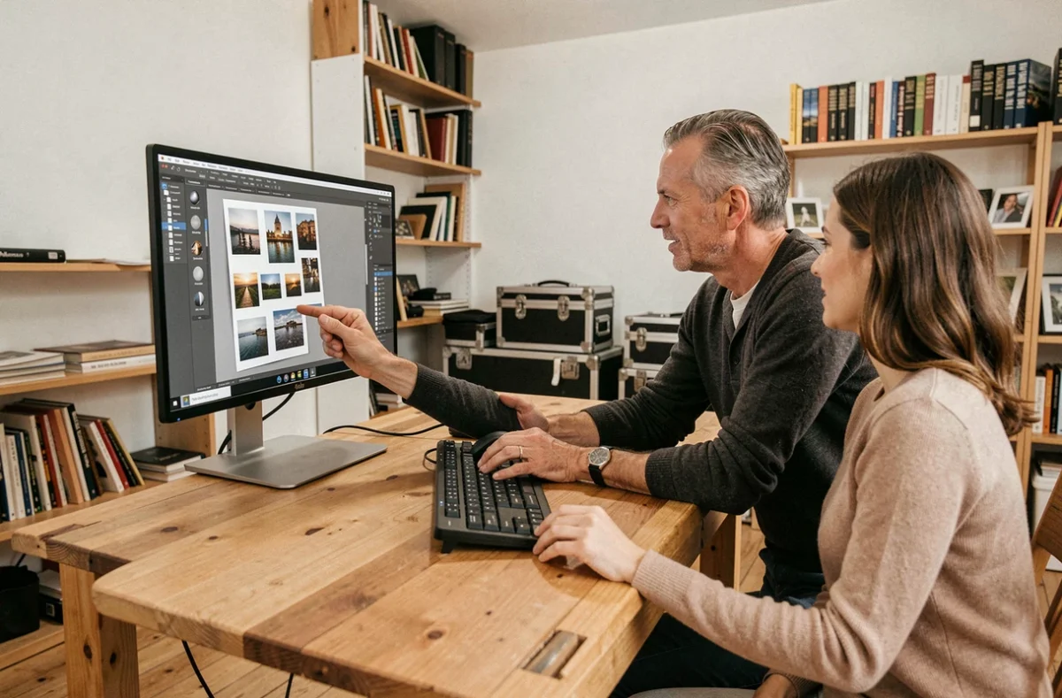 Photographe professionnel présentant des clichés à une cliente dans son studio à Asnières-sur-Seine