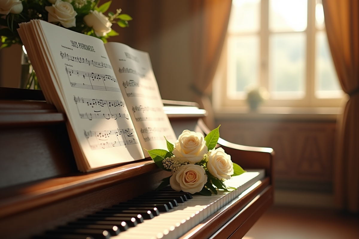 Un piano décoré avec des fleurs blanches et partitions lors du mariage