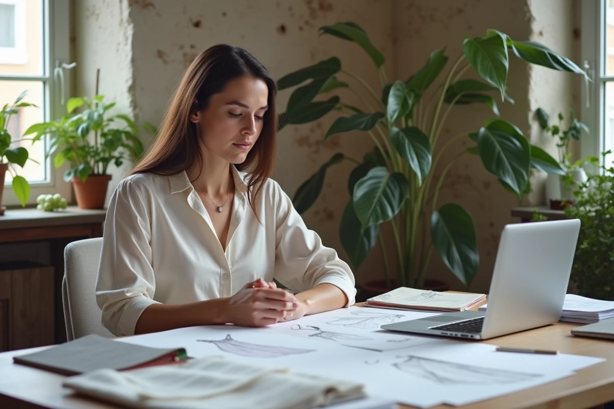 Femme planifiant son mariage avec croquis et échantillons à Nantes