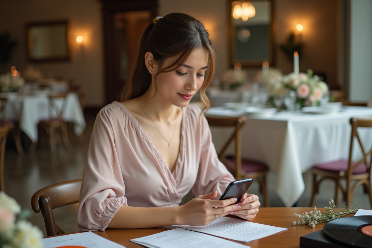 Femme préparant la playlist de mariage avec smartphone