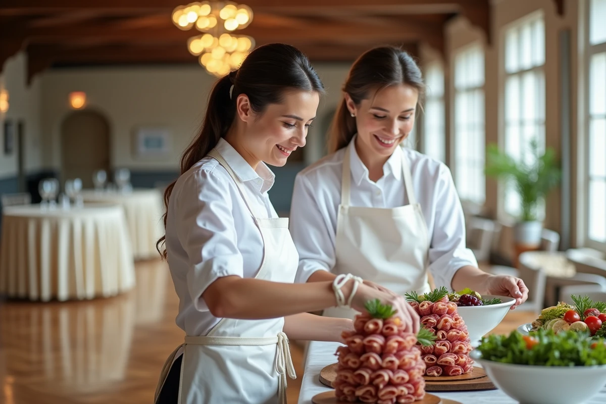 Deux traiteurs femmes préparant les plateaux d'un buffet froid mariage dans une salle de réception élégante