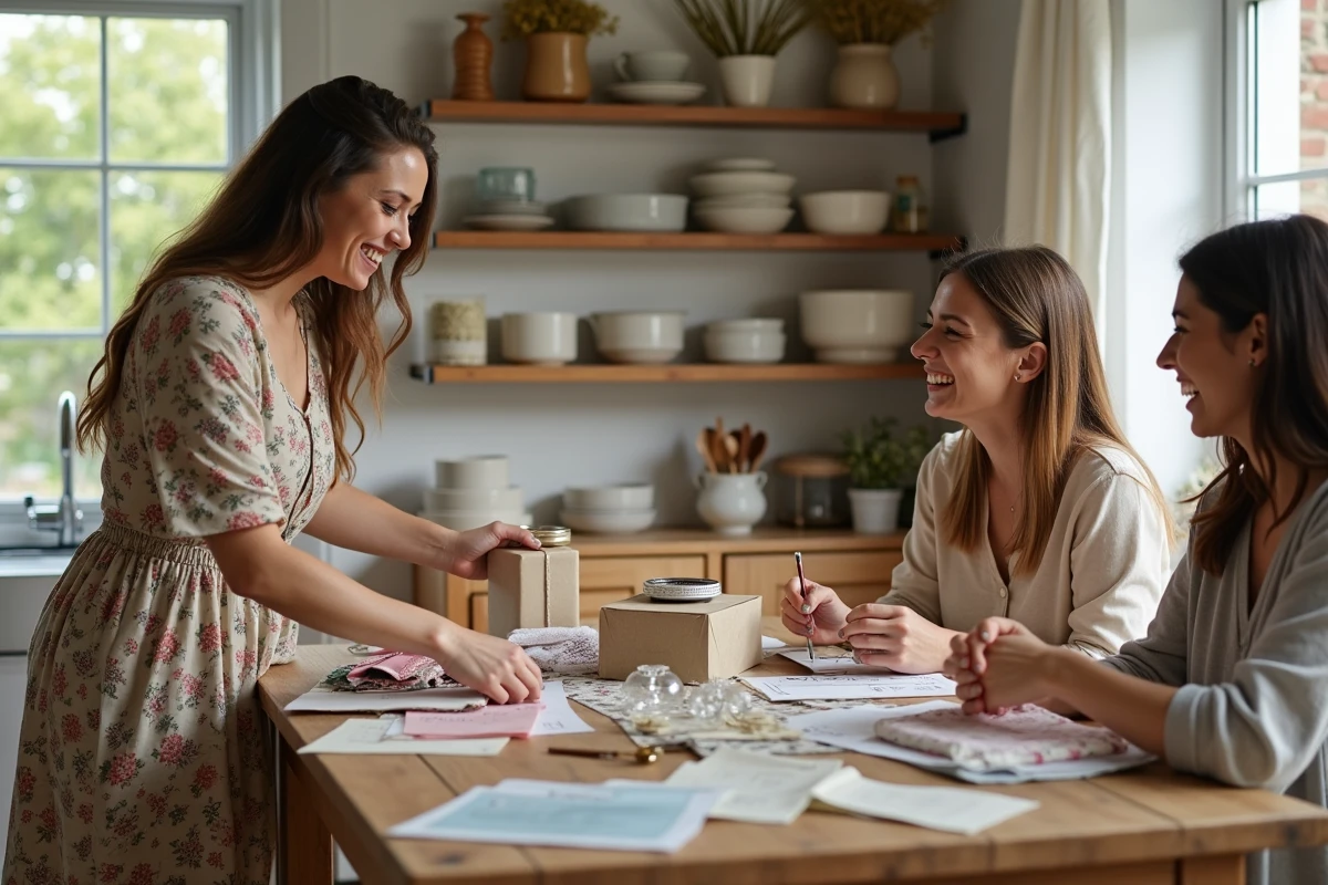 Femme et ses amies préparant des cadeaux artisanaux personnalisés pour un anniversaire de mariage dans une cuisine rustique