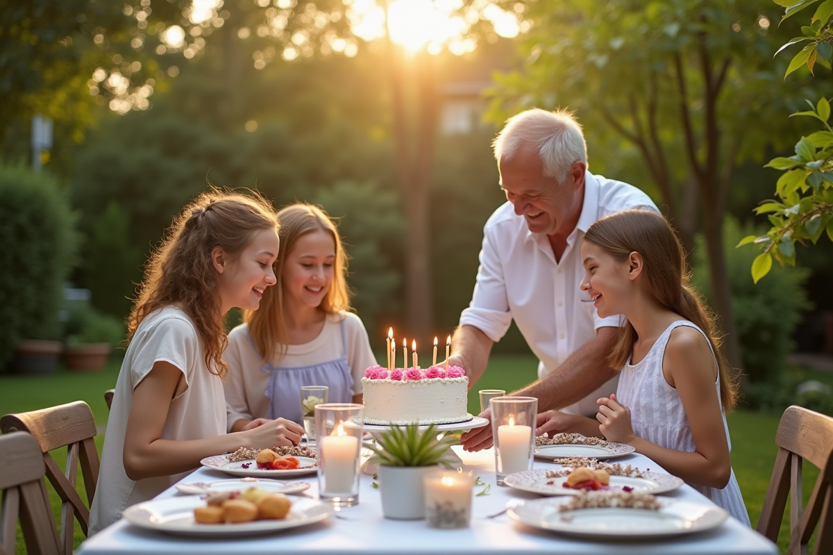 Famille préparant un gâteau dans le jardin pour l anniversaire