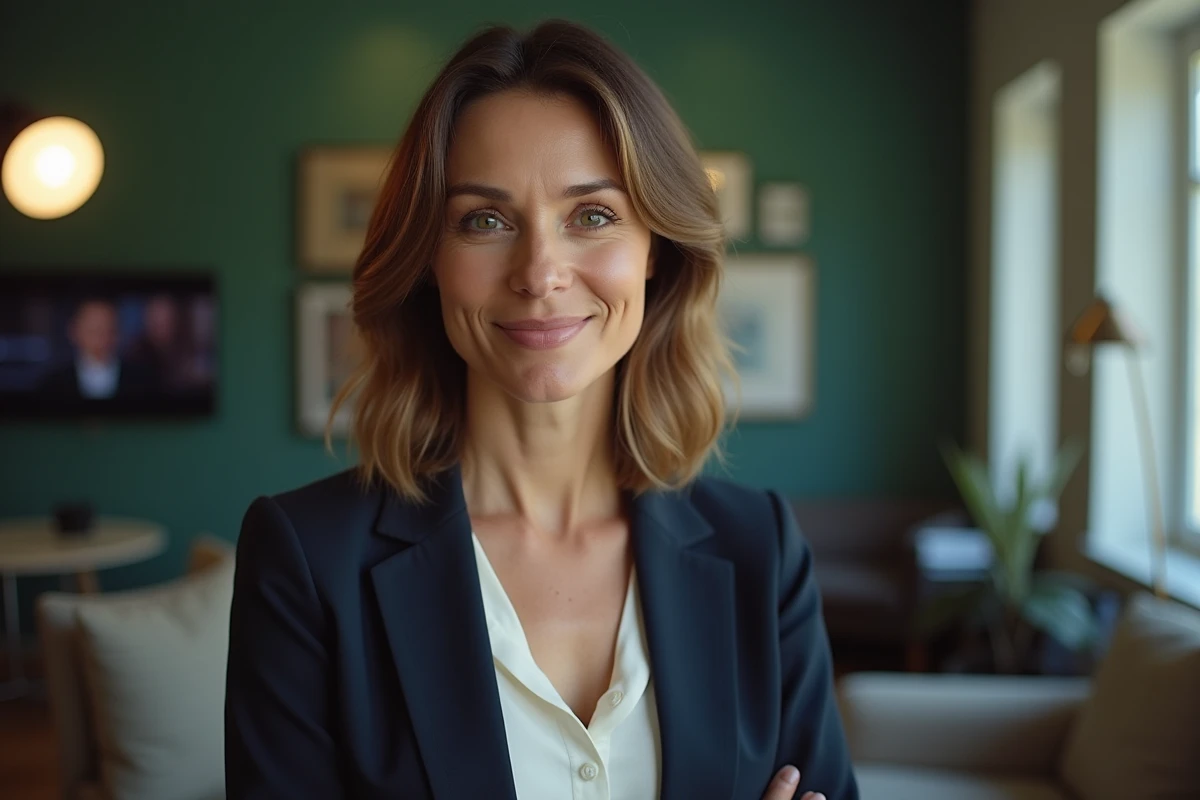 Présentatrice de télévision française souriante dans les coulisses d'un plateau TV, évoquant l'univers professionnel de Sophie Jovillard