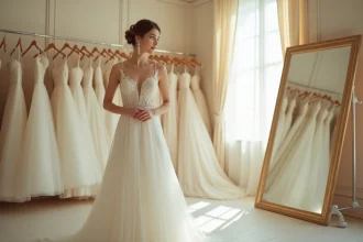 Jeune mariée en robe de mariée ivoire en dentelle dans une boutique de mariage, reflétant les prix et budgets 2026