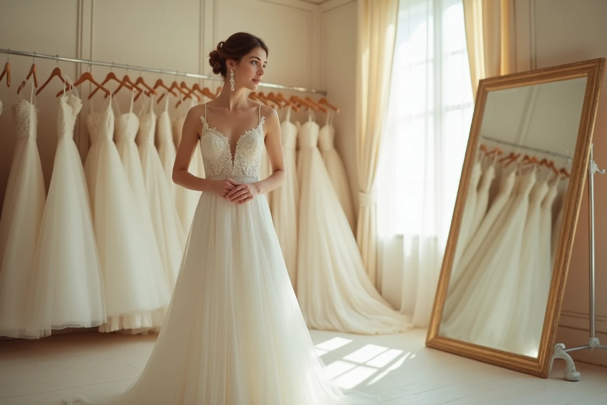 Jeune mariée en robe de mariée ivoire en dentelle dans une boutique de mariage, reflétant les prix et budgets 2026