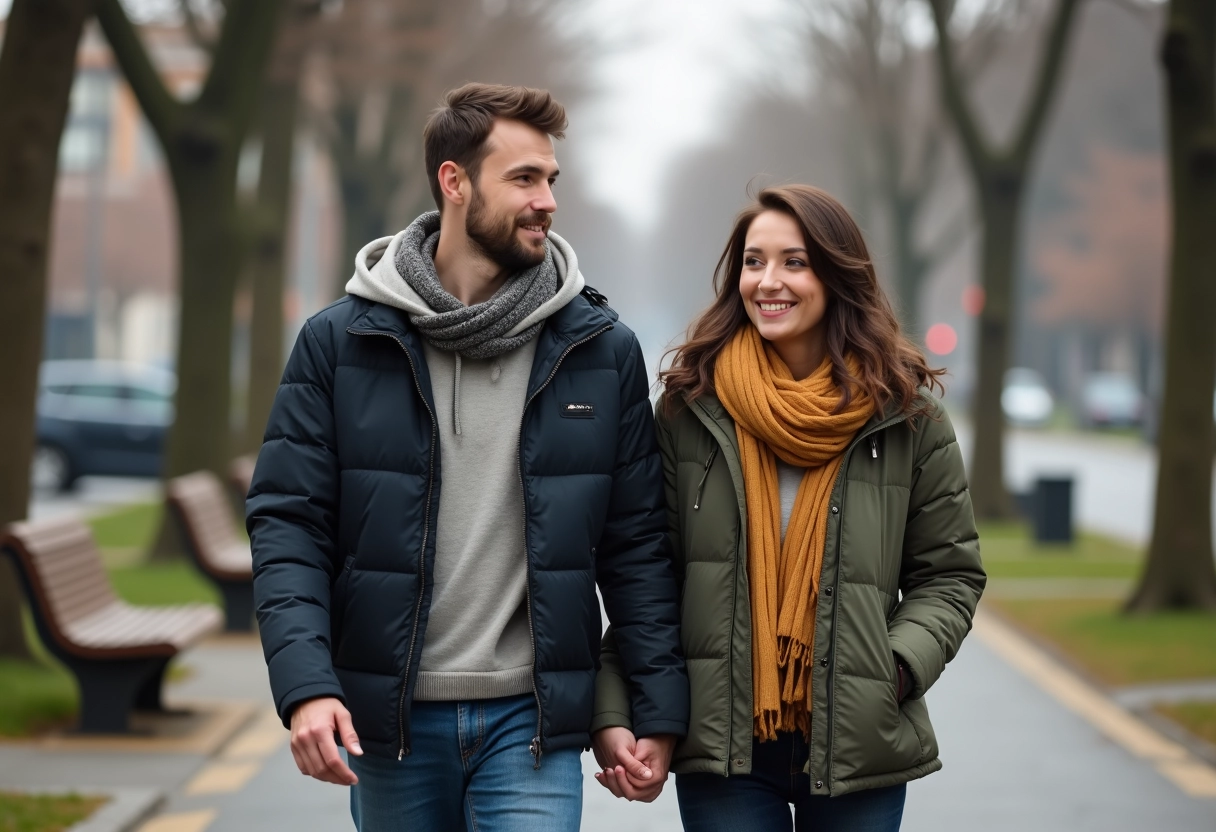 Couple main dans la main dans un parc urbain printanier