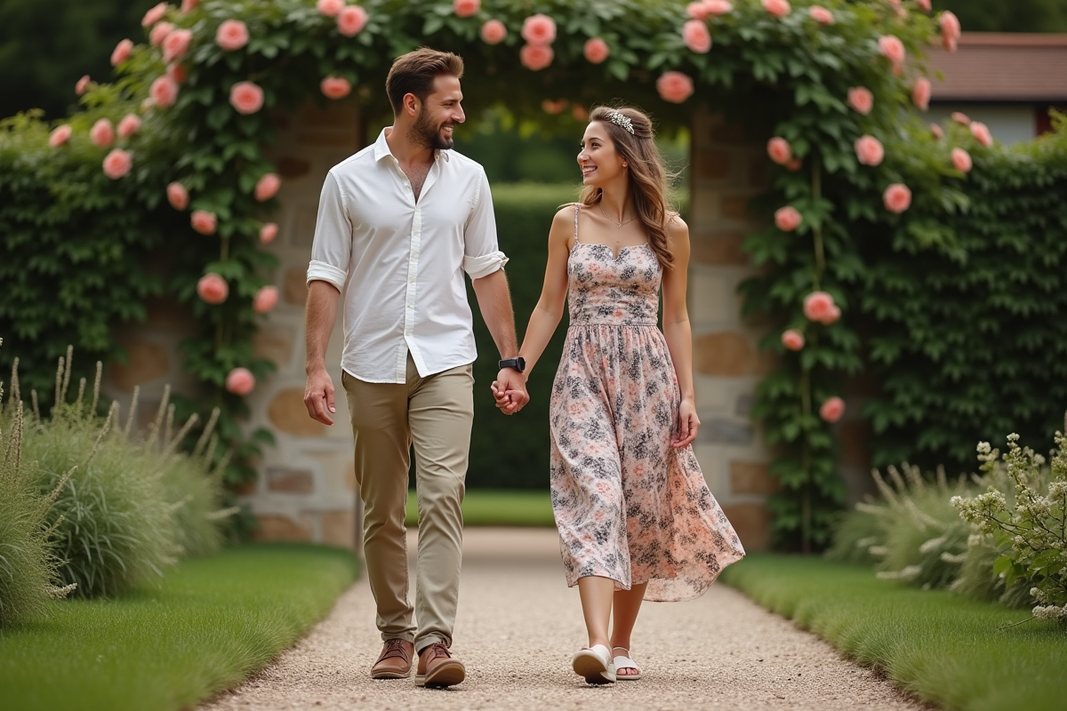 Couple marchant dans un jardin fleuri avec arches en roses