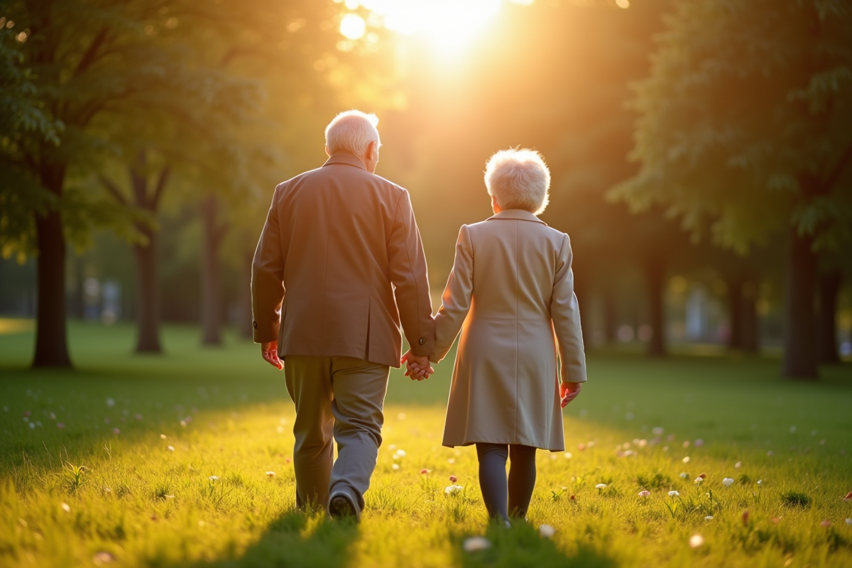 Vieux couple marchant main dans la main dans un parc ensoleille
