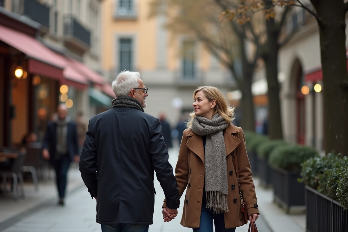 Couple marchant main dans la main dans une rue urbaine animée