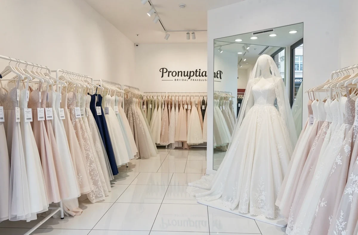 Showroom spacieux de Pronuptia Bordeaux avec des rangées de robes de mariée sur des portants blancs et une vitrine avec robe princesse