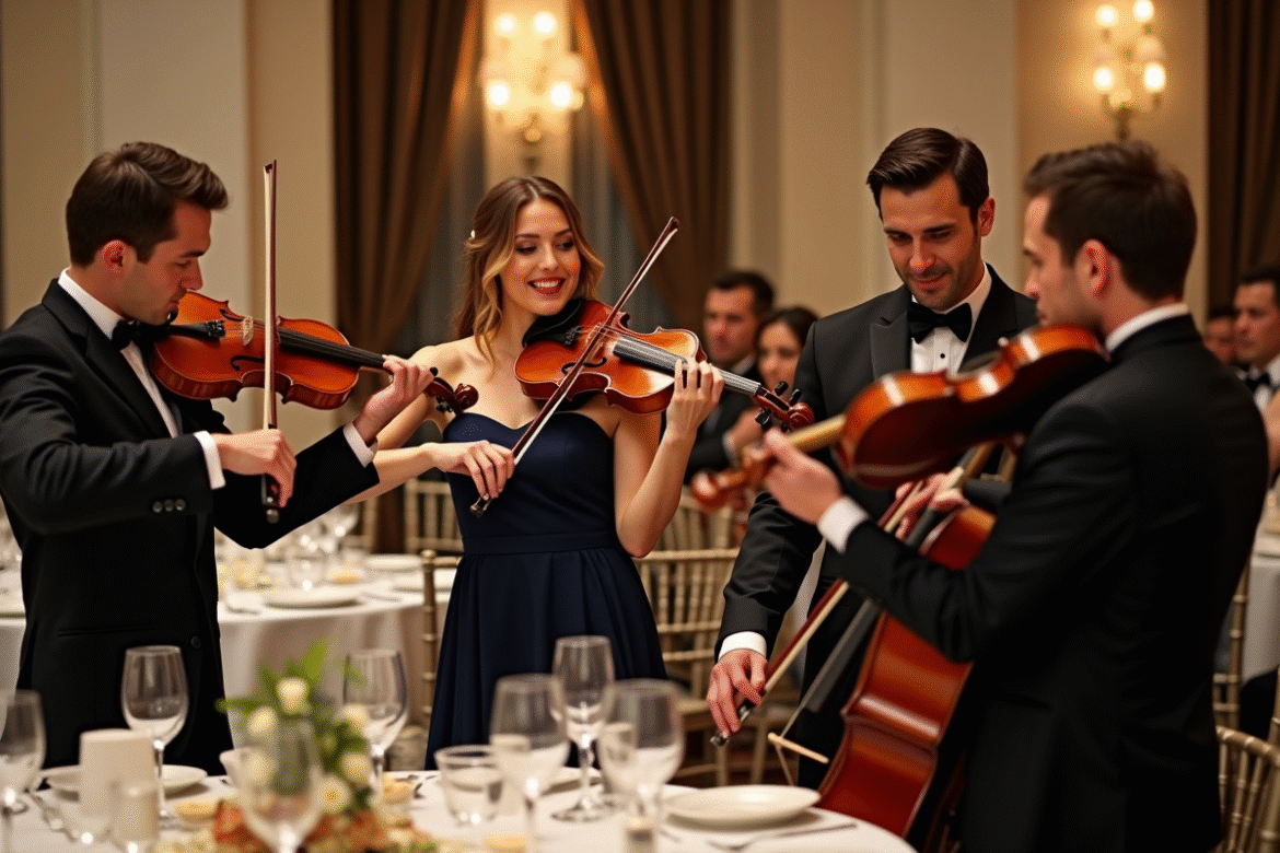 Quatuor à cordes lors d'un mariage élégant en intérieur