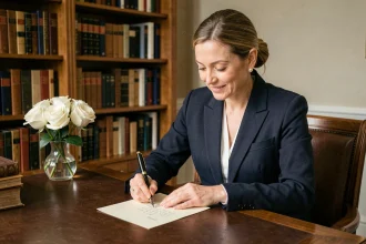 Femme élégante rédigeant un mot de remerciement manuscrit sur du papier crème avec un stylo plume, assise à un bureau en bois dans un intérieur raffiné