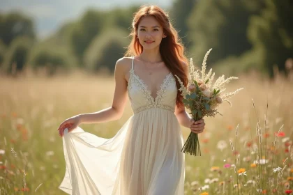 Jeune femme portant une robe bohème mariage civil ivoire avec dentelle et broderies florales, dans une prairie fleurie avec bouquet de pampa