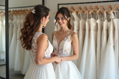 Jeune femme en robe de mariée dans une boutique à Nantes