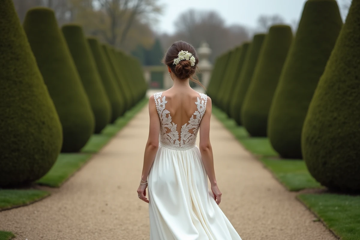 Femme en robe de mariée en dentelle de Chantilly blanche se promenant dans une allée de jardin à la française avec buis taillés