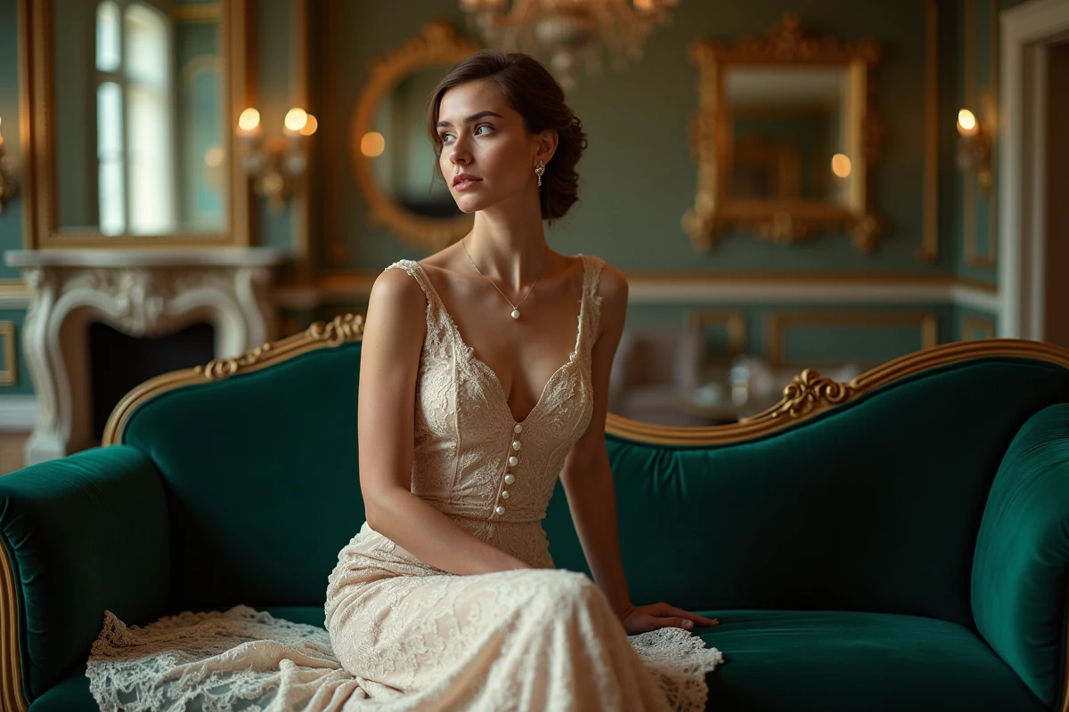 Femme assise en robe de mariée en dentelle champagne sur un canapé vintage dans un salon parisien haussmannien