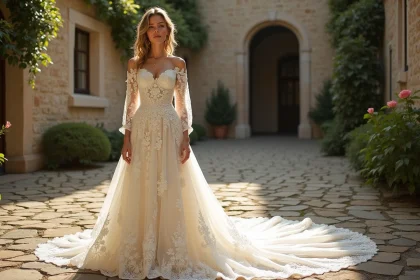 Femme en robe de mariée en dentelle ivoire à manches longues dans la cour d'un château français entouré de roses grimpantes