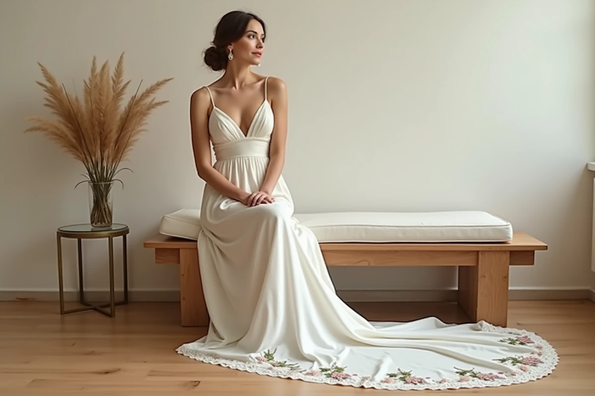 Mariée en robe longue bohème spaghetti assise dans une salle de cérémonie civile minimaliste avec bouquet de pampa