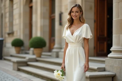Femme portant une robe de mariage civil chic en crêpe ivoire devant une mairie française
