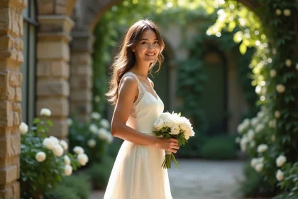 Mariée en robe de mariage ivoire courte en dentelle dans un jardin fleuri