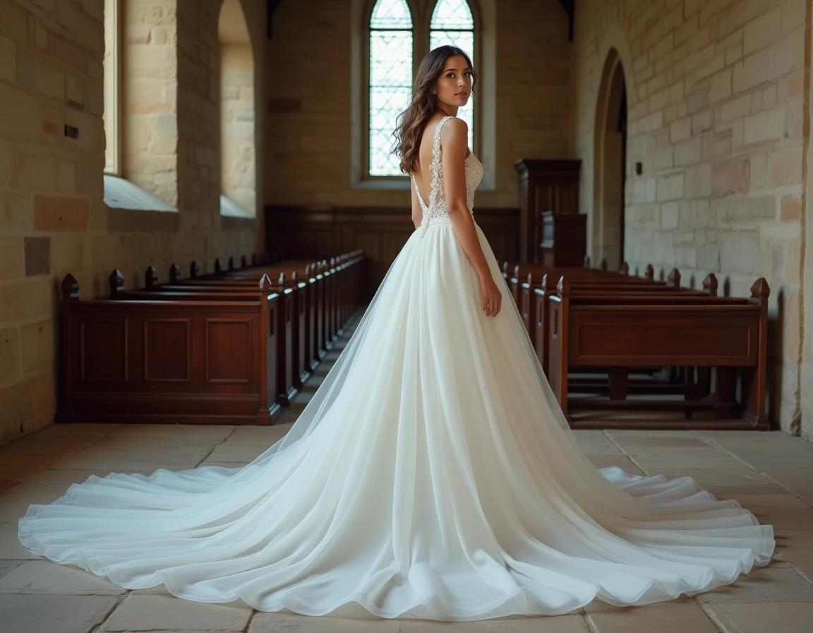 Mariée en longue robe de mariage ivoire brodée dans une chapelle historique