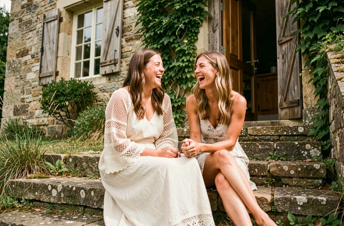 Deux amies riant sur des marches en pierre, l'une en robe de mariée bohème chic en coton crochet, ambiance champêtre et décontractée