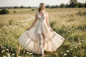 Jeune mariée en robe bohème chic en dentelle et mousseline dans une prairie de fleurs sauvages, style champêtre et romantique