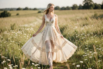 Jeune mariée en robe bohème chic en dentelle et mousseline dans une prairie de fleurs sauvages, style champêtre et romantique
