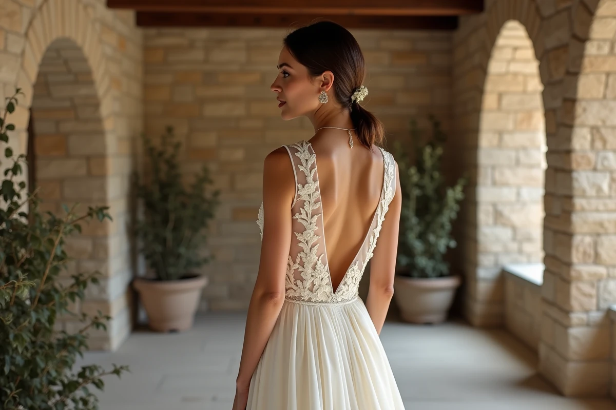 Robe de mariée bohème en crêpe de soie avec broderies florales et dos en V dans une chapelle en pierre rustique